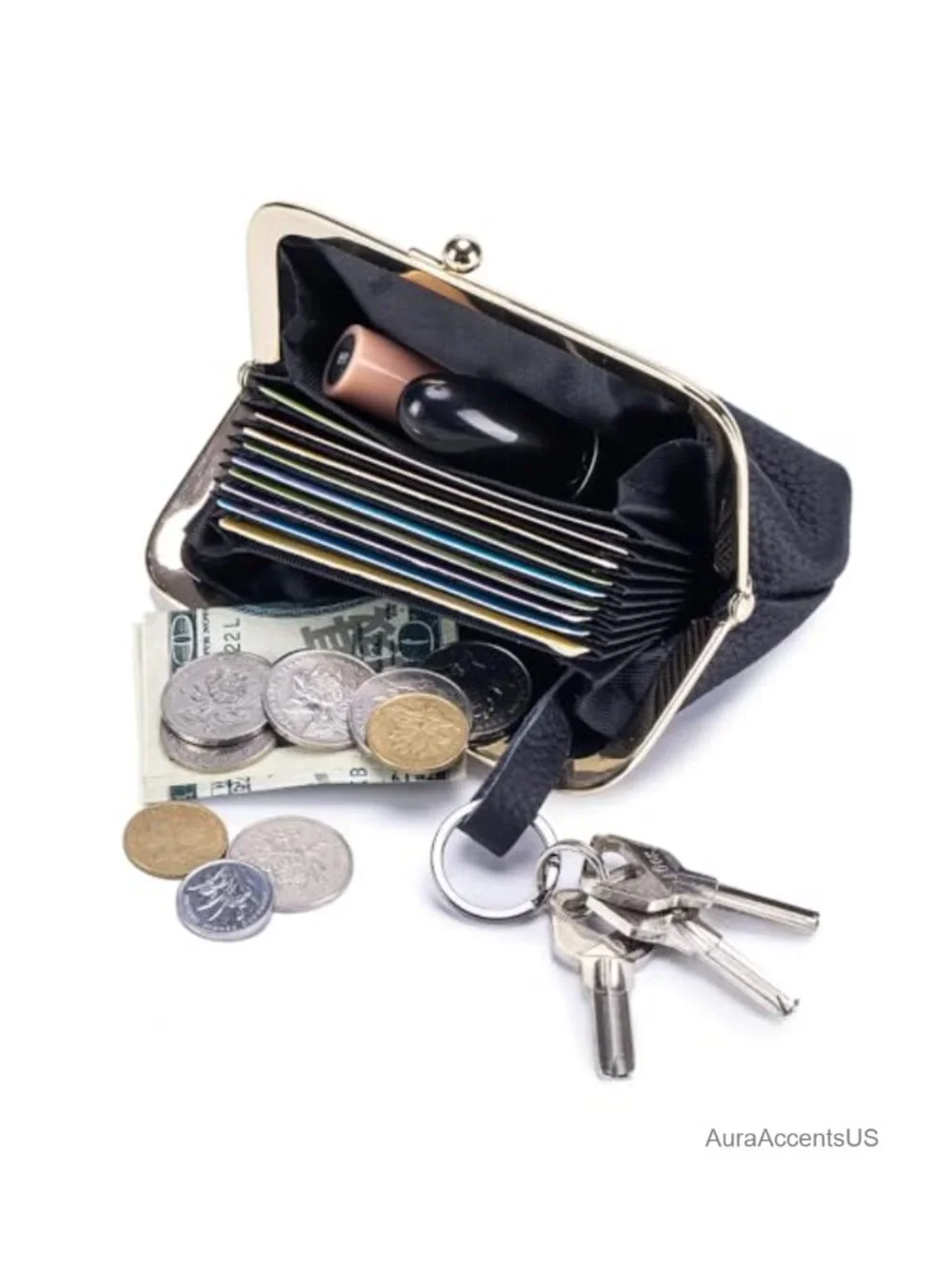Genuine Leather Clip Coin Purse with Key Ring Mini Card Holder Wallet Kiss Lock
